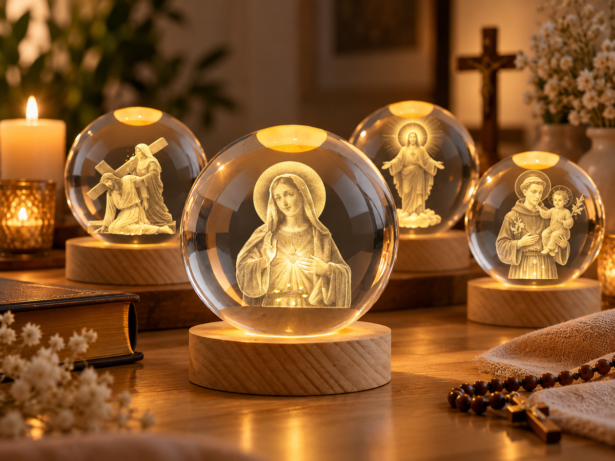 MercyLume 3D Christian crystal ball lamp glowing in a peaceful home