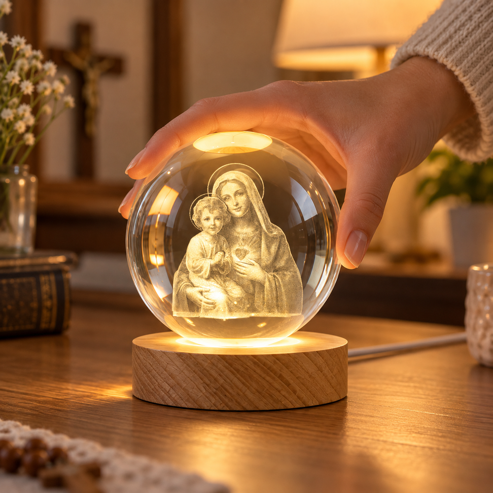 Crystal ball being placed on its wooden LED base