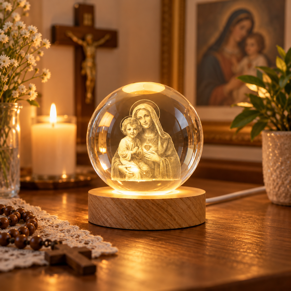 Crystal ball glowing warmly with its illuminated engraving